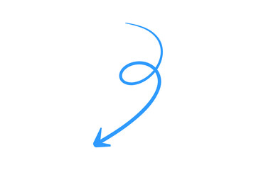 Obraz premium Blue Hand Drawn Spiraled Arrow Pointing Down for Dynamic Visual Flow isolated on transparent background pointer sketch doodle creative indicator