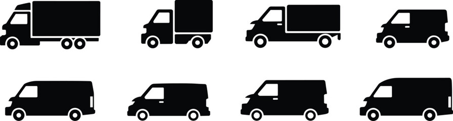 Delivery truck and van silhouette icon set with cargo vehicles, transport cars, logistics transport, commercial vehicles, black vector illustration for shipping and courier design © MDAMIRHAMJA