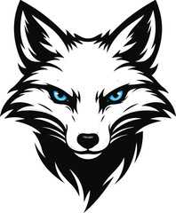 Black and White Fox Head Illustration with Blue Eyes &ndash; Minimalist Vector Art