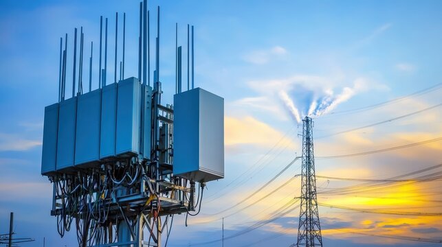 Communication antennas being installed on a telecommunication tower structure with power lines in the background under a blue sky