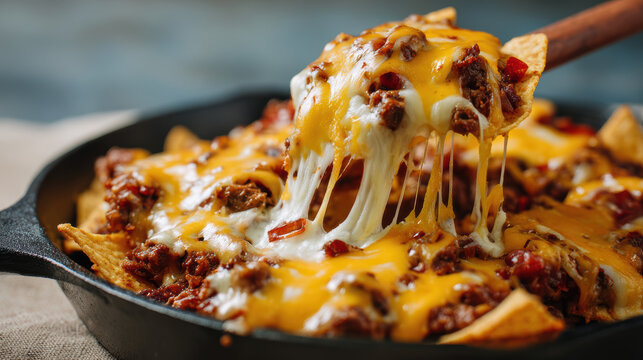 melted cheese poured over crispy nachos with stretchy pulls