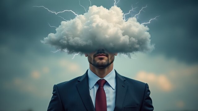 Portrait of serious businessman whose head has been replaced by cloud with lightning bolts, suit and tie intact, storm brewing above shoulders