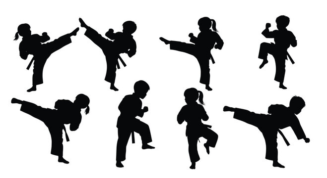 This dynamic image presents multiple silhouettes of children performing various karate and martial arts moves, showcasing agility, strength, and the beauty of self-defense forms.