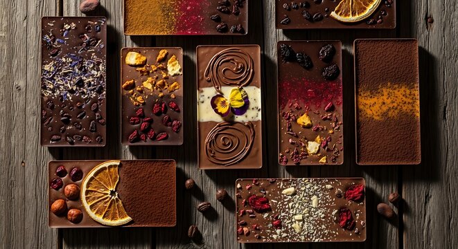 Assorted artisan chocolates with nuts fruits and spices on a wooden table gourmet food concept