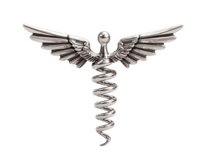 A Caduceus symbol, the emblem of healthcare, displayed against a backdrop, representing health, medicine, and healing. A symbol with wings. Isolated Transparent Background, PNG