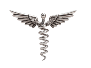 A Caduceus symbol, the emblem of healthcare, displayed against a backdrop, representing health, medicine, and healing. A symbol with wings. Isolated Transparent Background, PNG