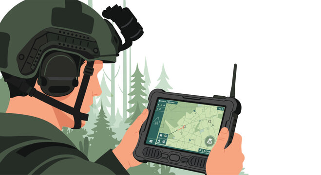 This tactical illustration features a soldier in a helmet with night vision, using a ruggedized tablet for navigation and communication in a dense forest environment.