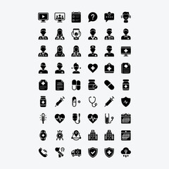 Professional black and white digital health and telemedicine vector icon set 2.eps