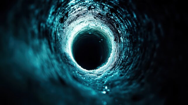 Frozen stagnant water locked inside a dark icy pipe showing a circular void
