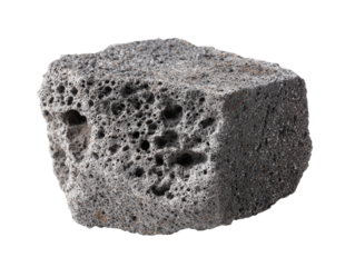 Close-up of a dark grey lava rock, showcasing its porous texture and unique geological formation. Isolated Transparent Background, PNG