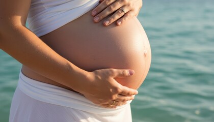Pregnant woman caressing belly by turquoise water hands resting on bump with ocean and calm mood