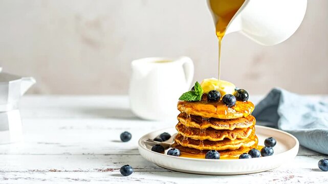 A stack of golden pancakes with blueberries, butter, maple syrup being poured over them on a plate