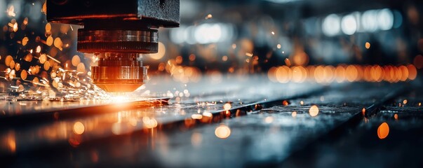 A metal cutting machine in action, sparks fly as it slices through material, fiery and dynamic