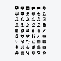 Professional black and white digital health and telemedicine vector icon set 7.eps