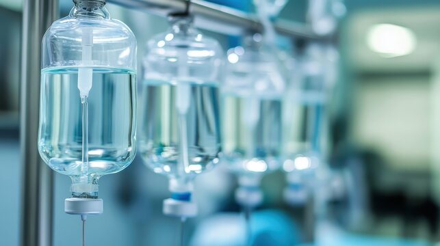 Sterile saline solution drip bags hanging in a row for medical infusion therapy