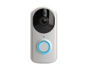 Modern video doorbell with a clear focus on the camera, button, and overall design. It's a blend of technology and home security. Isolated Transparent Background, PNG