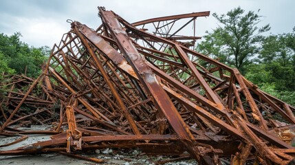 Twisted metal scaffolding collapsed on the ground a scene of industrial ruin and debris