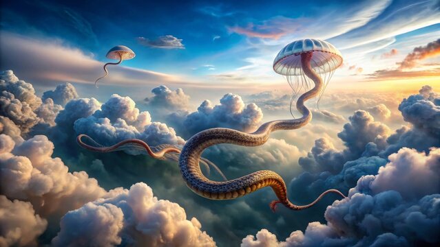 Serpentine Sky Serpents and Luminescent Jellyfish Soar Through Dreamlike Clouds at Sunset