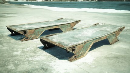 Two weathered metal loading ramps rest on a frozen outdoor surface with icy terrain suggesting difficult access