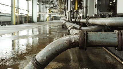 Wet industrial pipes and conduits snake across a grimy, reflective floor inside a factory building