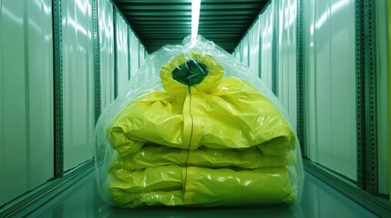 Yellow hazmat suit folded neatly and stored in a clear plastic bag inside a storage container