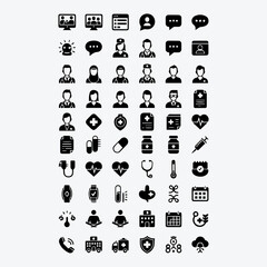 Professional black and white digital health and telemedicine vector icon set 8.eps