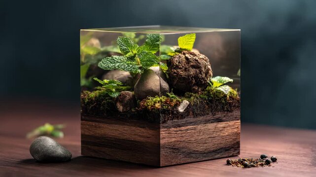 Wooden Cube Display with Tea Leaves Mint and Stones, Wooden cube display featuring tea leaves, fresh mint, and decorative stones