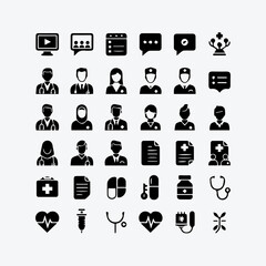 Professional black and white digital health and telemedicine vector icon set 11.eps