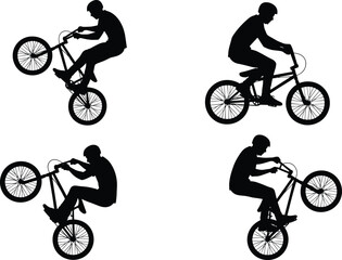Obraz premium Extreme BMX biker silhouette set, stunt rider performing wheelies and acrobatic tricks on bicycle, urban cycle sports action, isolated on white background.