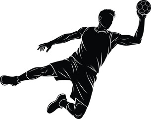 Naklejka premium Handball player silhouette jumping to throw a ball, athletic male sportsman action pose, dynamic professional team sport competition illustration for graphic design.
