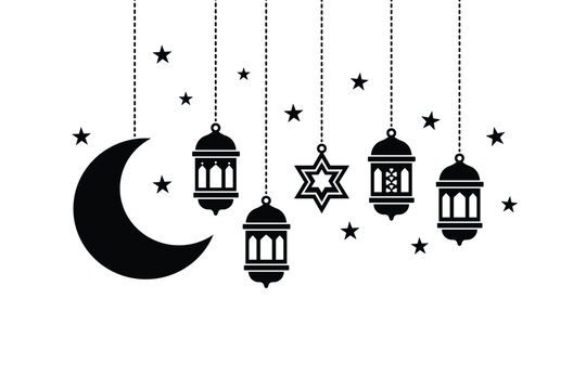 Minimal Ramadan Lanterns and Crescent Moon Vector Illustration on Isolated Background
