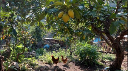 Lush Tropical Garden with Jackfruit Tree and Chickens on a Sunny Day.