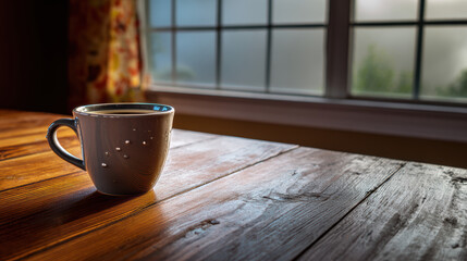 transparent coffee cup on wooden table with morning fog