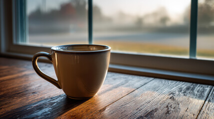 transparent coffee cup on wooden table with morning fog