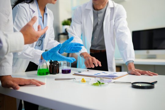 A professional scientists are testing ,recording and discuss the results of eco skin care or natural cosmetics in laboratory where the efficiency organic product are made by using the herbs