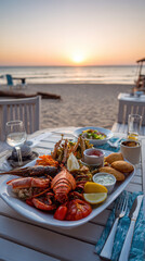 shared seafood platter at sunset on beach table