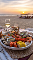 shared seafood platter at sunset on beach table