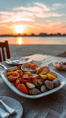shared seafood platter at sunset on beach table