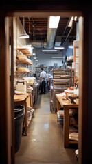 warm bakery interior at dawn with bakers working