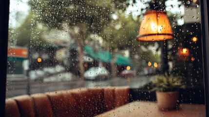 cozy cafe reflection on rainy window pane