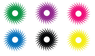 Colorful Sunburst Frame Collection with Jagged Edge Circle Border Set in Green Purple Pink Blue Black and Yellow Modern Geometric Spiky Ring Shapes for Graphic Design Illustration