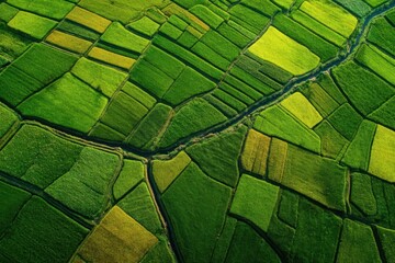 Aerial View of Lush Green Agricultural Fields Divided by a Winding River.