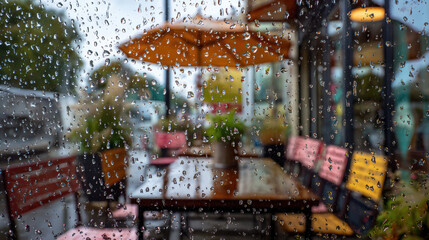 cozy cafe reflection on rainy window pane