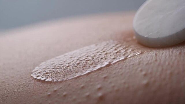 Macro detail of a woman massaging face with gua sha closeup, gliding a white marble stone tool over oiled skin texture during a rejuvenating beauty skincare routine