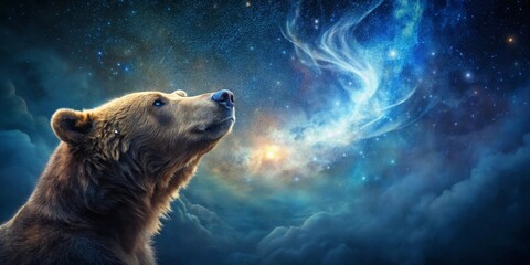 Fototapeta premium Majestic Brown Bear Gazes Upward at a Celestial Nebula, a Breathtaking Night Sky Display of Cosmic Wonder and Serenity