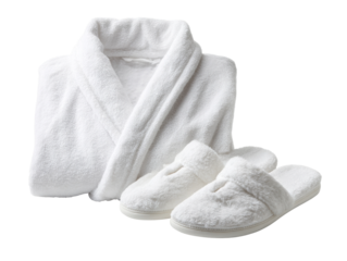 Cozy white bathrobe and slippers set, perfect for relaxation and comfort Isolated Transparent Background, PNG