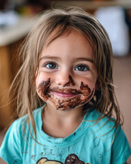 joyful child with chocolate ice cream on face