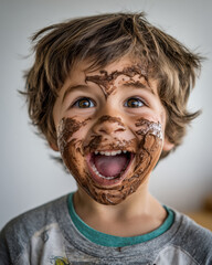 joyful child with chocolate ice cream on face