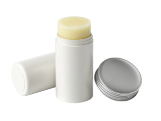Lip balm sticks on white background: A close-up shot of lip balm sticks, showing detail of the container and contents. One stick is opened. Isolated Transparent Background, PNG