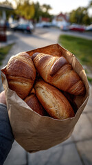 morning walk with pastries in hand